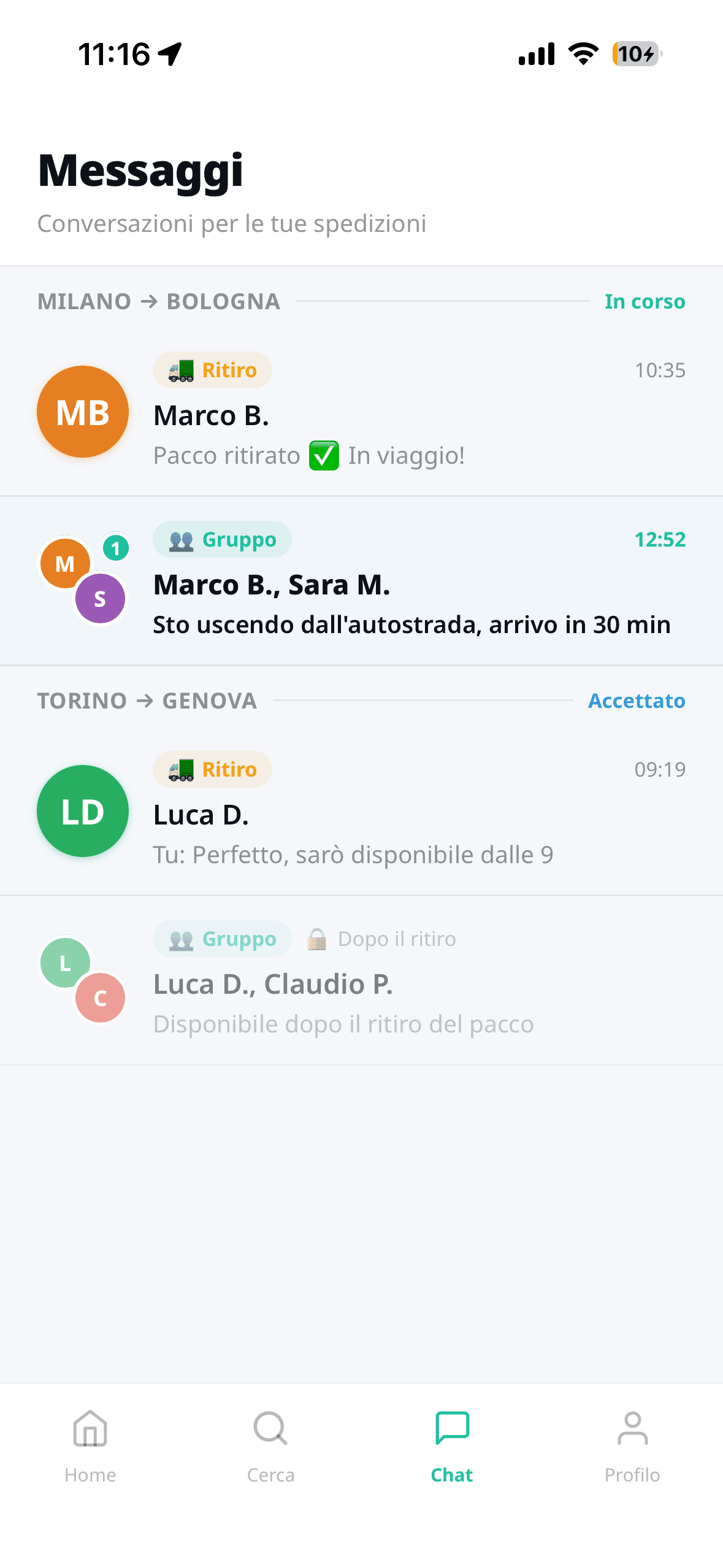 Chat tra mittente, trasportatore e destinatario su Dabba