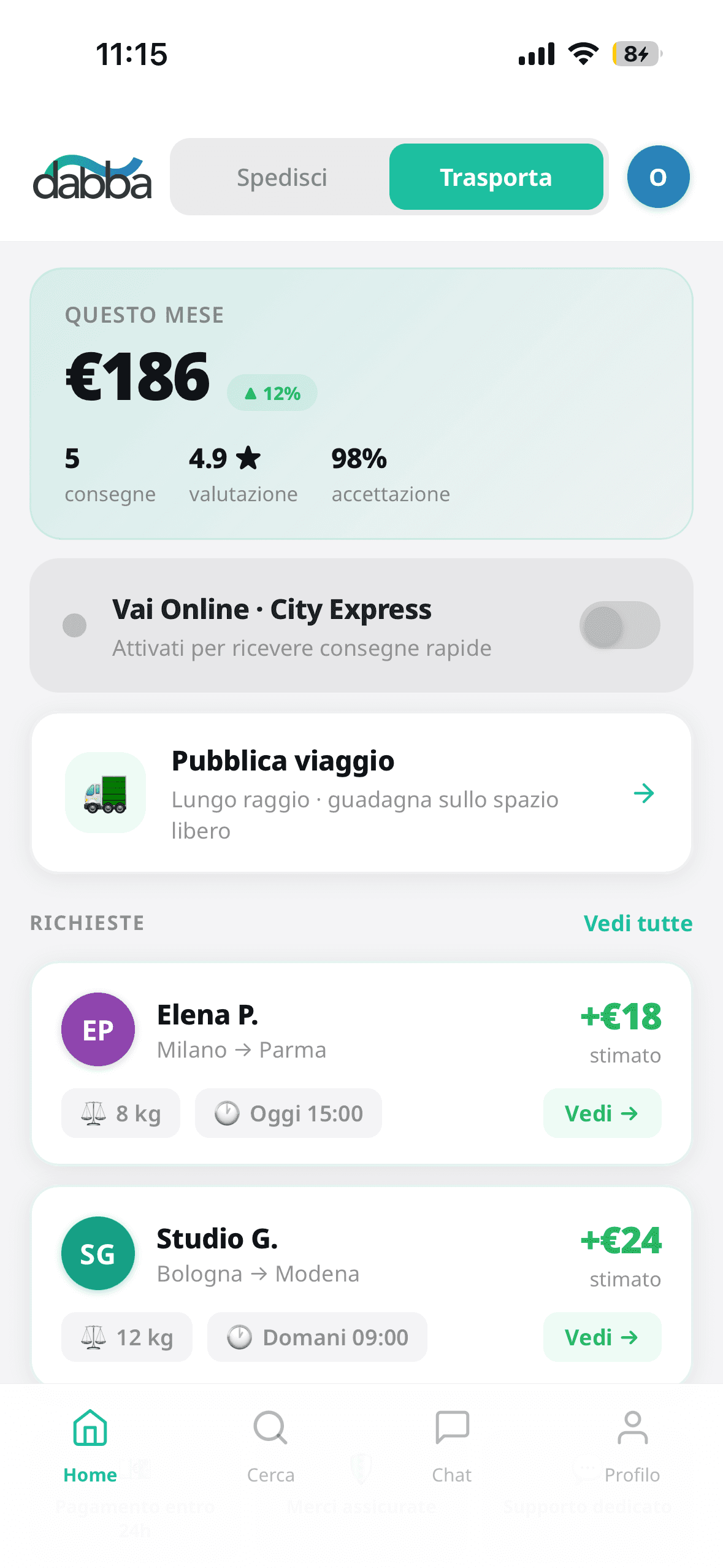 Dashboard trasportatore Dabba