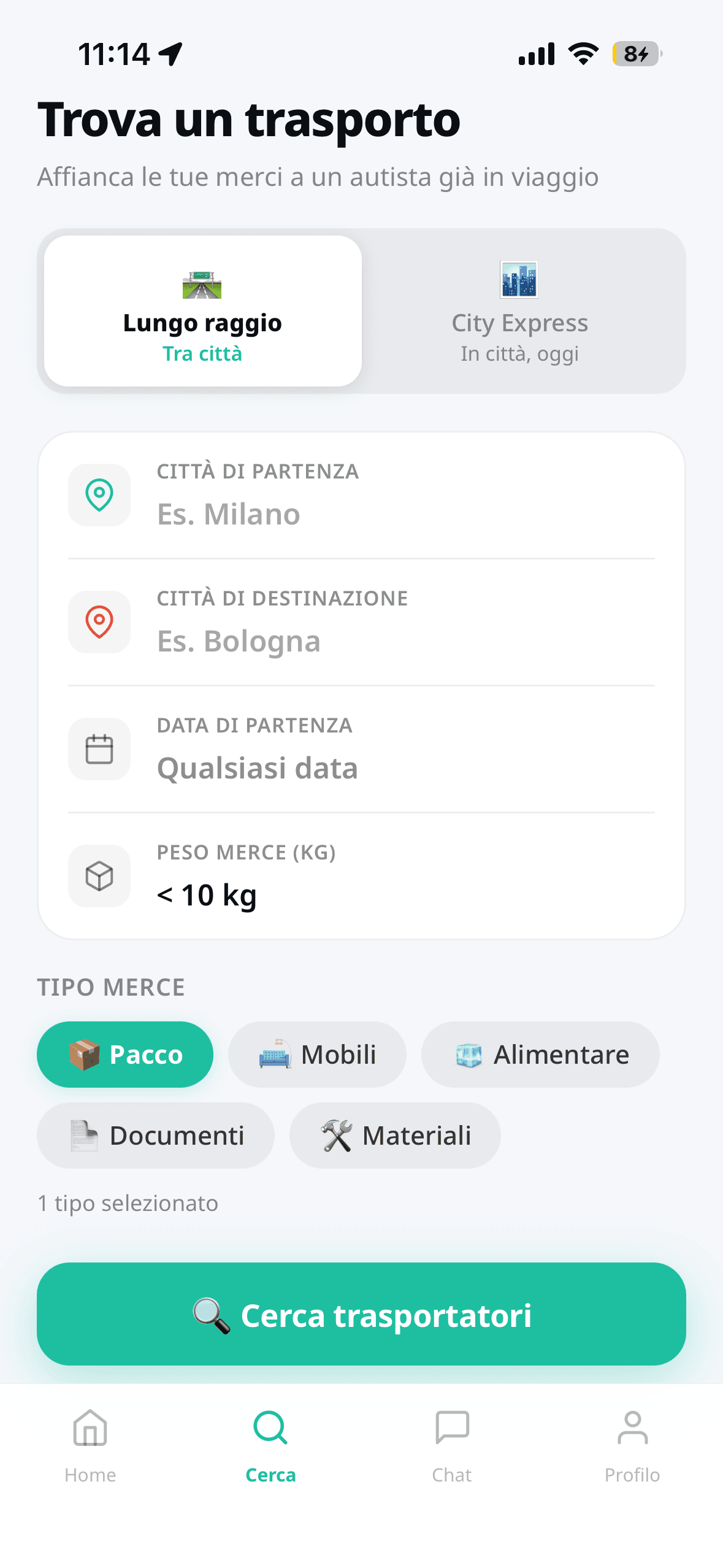 Schermata ricerca trasporto Dabba